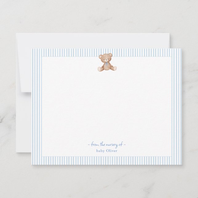 Tarjeta De Agradecimiento Teddy Bear Baby Boy borde azul y blanco (Anverso)