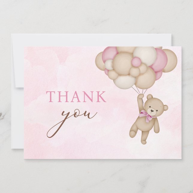 Tarjeta De Agradecimiento Teddy Bear Baby Pink (Anverso)