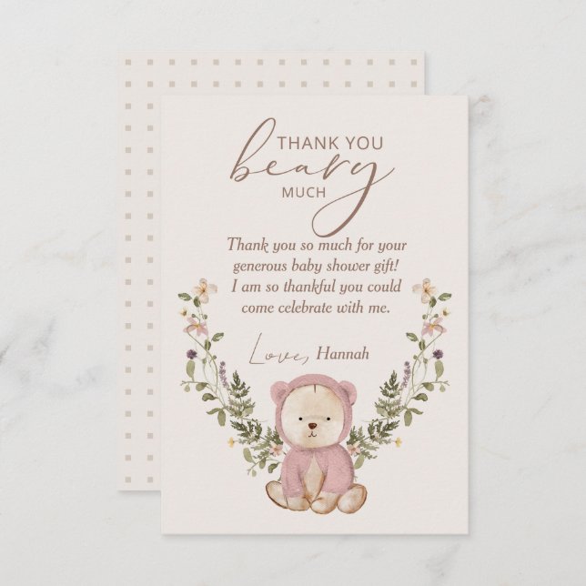 Tarjeta De Agradecimiento Teddy Bear Baby Shower Chica Rosa (Anverso / Reverso)