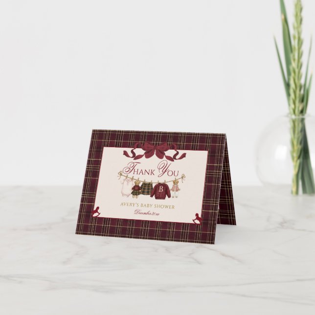 Tarjeta De Agradecimiento Teddy Bear Baby Shower Girl Plaid Burgundy Bow  (Anverso)