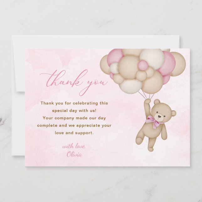 Tarjeta De Agradecimiento Teddy Bear Baby Shower Pink (Anverso)