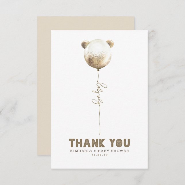 Tarjeta De Agradecimiento Teddy Bear Balloon Baby Shower Small Gracias (Anverso / Reverso)