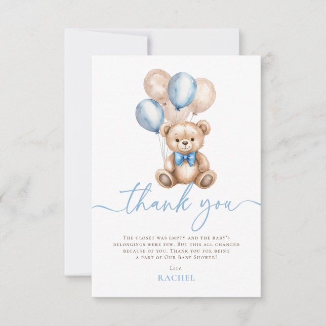 Tarjeta De Agradecimiento Teddy Bear Balloons Blue Boy Baby Shower (Anverso)