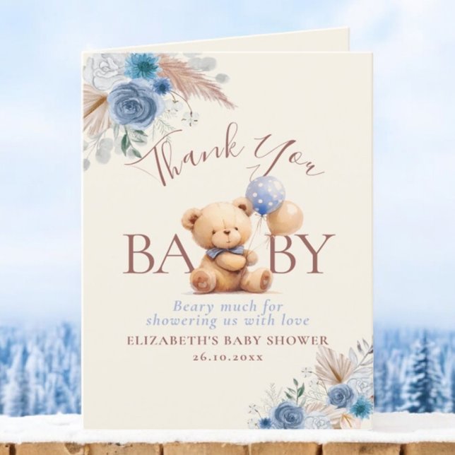 Tarjeta De Agradecimiento Teddy Bear Balloons Boho Blue Rosa Floral (Subido por el creador)