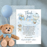 Tarjeta De Agradecimiento Teddy Bear Balloons Boy Bearly Wait Baby Shower<br><div class="desc">Diseño de Baby Shower lindo con un oso de peluche con una corbata azul que cuelga de un montón de globos en un lado con un globo de aire que lleva un ramo de flores en el lado derecho. Banderas de Bunting cuelgan entre los dos globos que apoyan las palabras...</div>