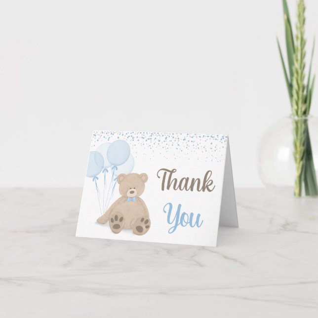 Tarjeta De Agradecimiento Teddy Bear Bearly Wait Confetti Boy Baby Shower (Anverso)
