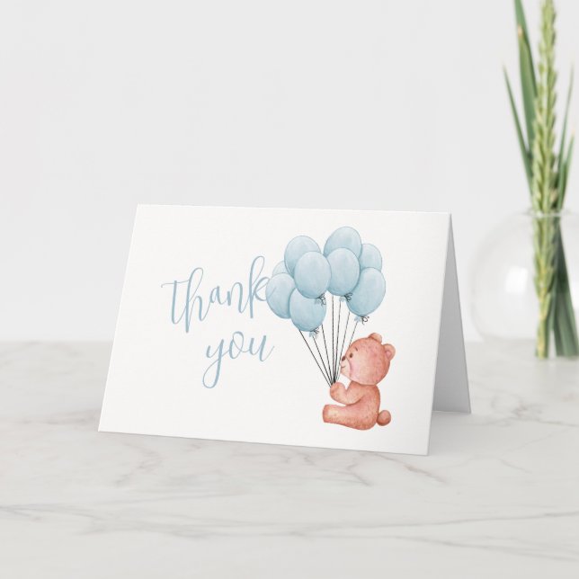 Tarjeta De Agradecimiento Teddy Bear Blue Balloon Baby Shower (Anverso)