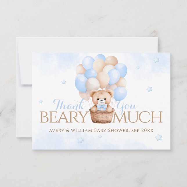 Tarjeta De Agradecimiento Teddy Bear Blue Balloon Boy Baby Shower (Anverso)