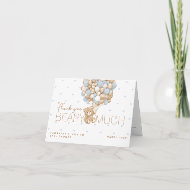 Tarjeta De Agradecimiento Teddy Bear Blue Heart & Balloon Baby Boy Shower (Anverso)