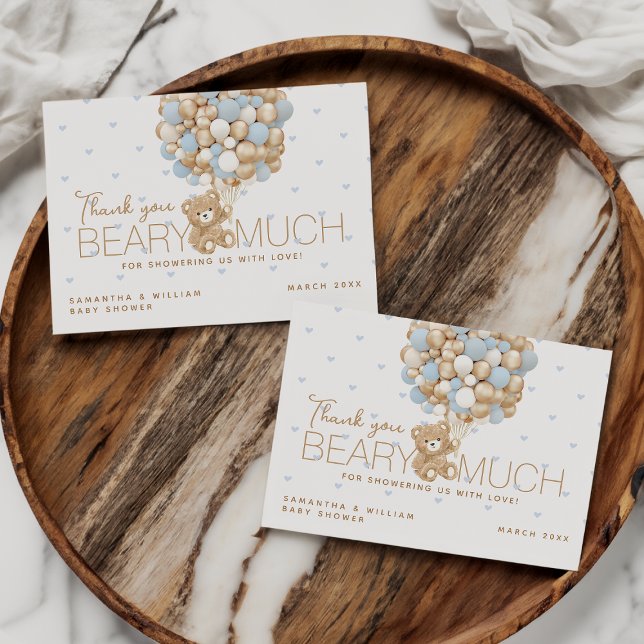 Tarjeta De Agradecimiento Teddy Bear Blue Heart & Balloon Baby Boy Shower (Subido por el creador)