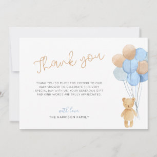 Tarjeta De Agradecimiento Teddy Bear Blue Tan Balloons Baby Shower