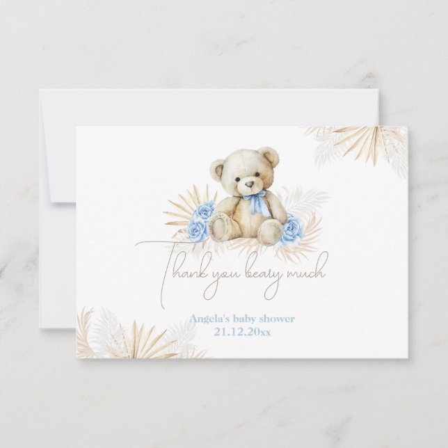 Tarjeta De Agradecimiento Teddy Bear Boho Blue Boy Baby Shower (Anverso)