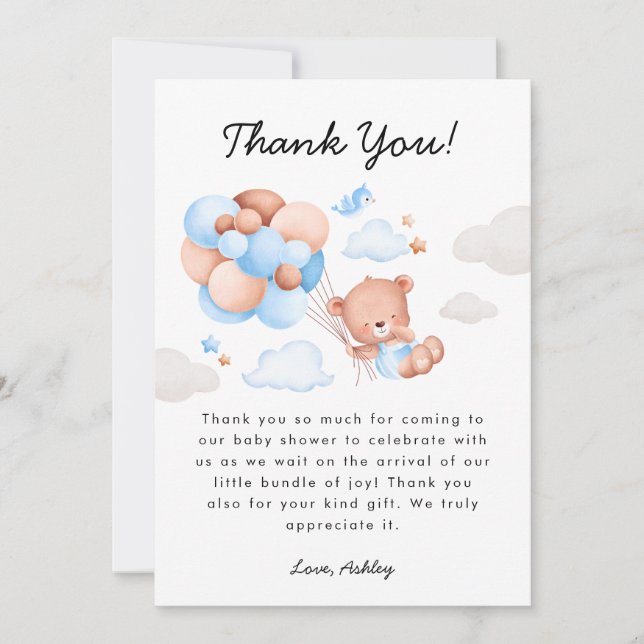 Tarjeta De Agradecimiento Teddy Bear Boy Baby Shower (Anverso)