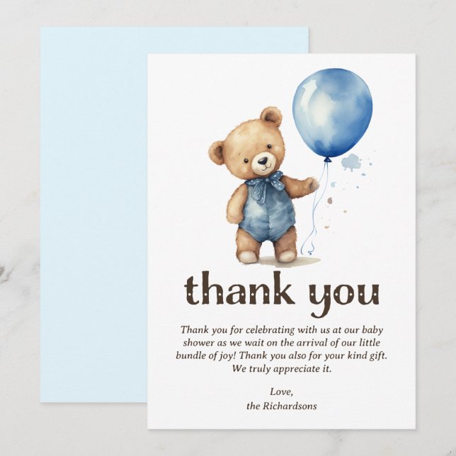 Tarjeta De Agradecimiento Teddy Bear Boy Baby Shower (Anverso / Reverso)