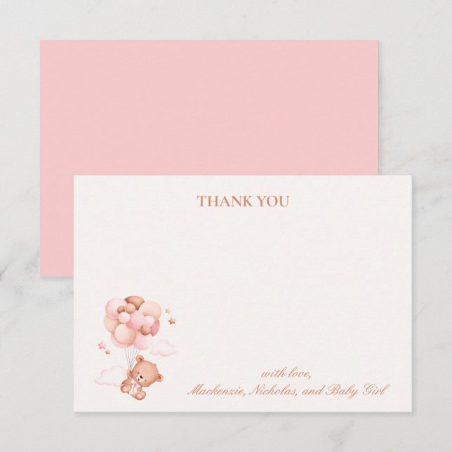 Tarjeta De Agradecimiento Teddy Bear Chica Pink Bearly Wait Baby Shower (Anverso / Reverso)