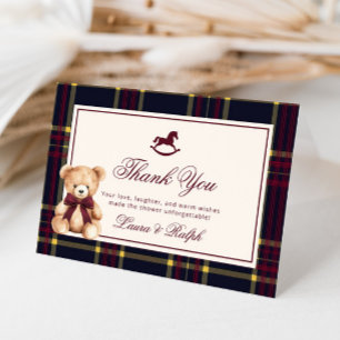 Tarjeta De Agradecimiento Teddy Bear Classic Burgundy Plaid Baby Shower