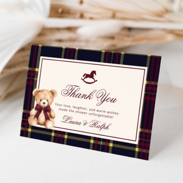 Tarjeta De Agradecimiento Teddy Bear Classic Burgundy Plaid Baby Shower (Subido por el creador)
