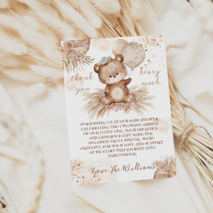 Tarjeta De Agradecimiento Teddy Bear Cute Beige Pampas Baby Shower