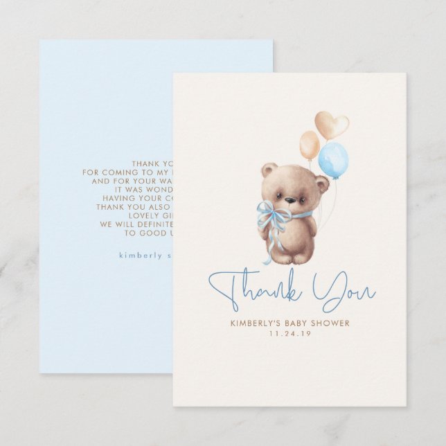 Tarjeta De Agradecimiento Teddy Bear Cute Boy Baby Shower Gracias (Anverso / Reverso)