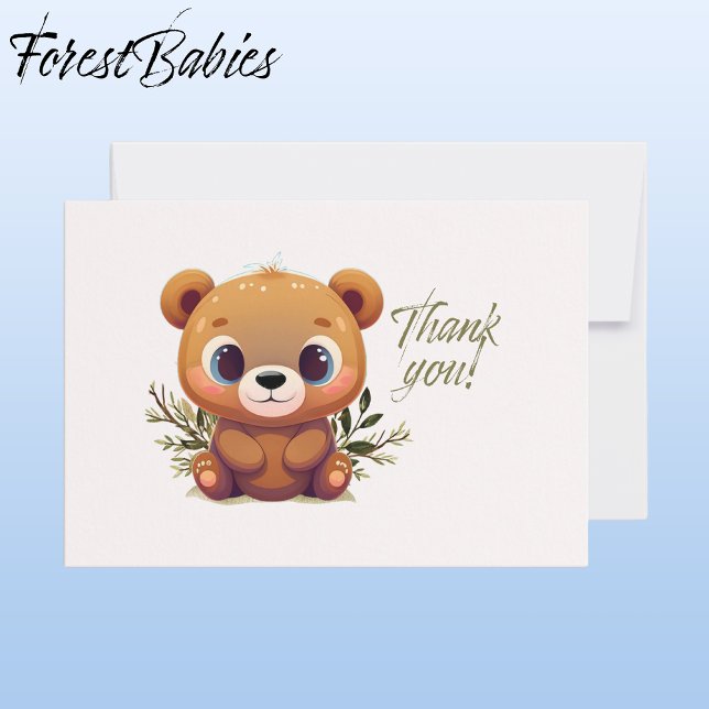 Tarjeta De Agradecimiento Teddy Bear Cute Foliage Floral Rosa 🧸 (Teddy Bear 🐻 Cute Pink with Foliage ForestBabies Baby Shower Thank You Card - Front
)
