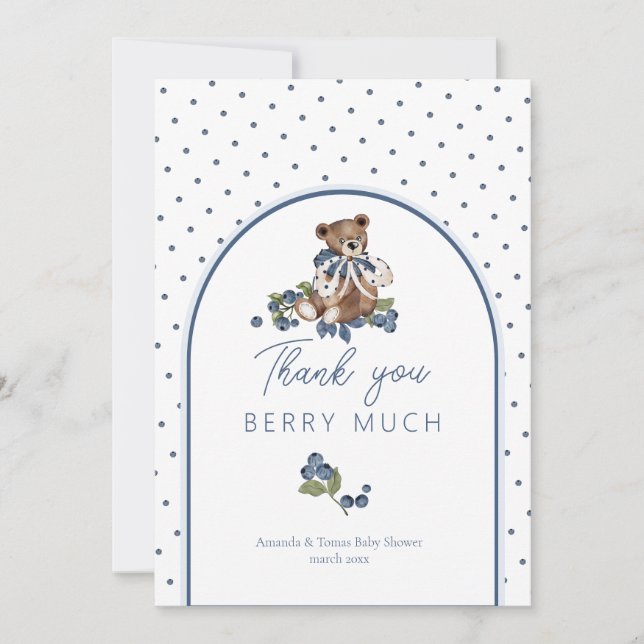 Tarjeta De Agradecimiento Teddy Bear Dusty Blue Berry Sweet Baby Shower (Anverso)