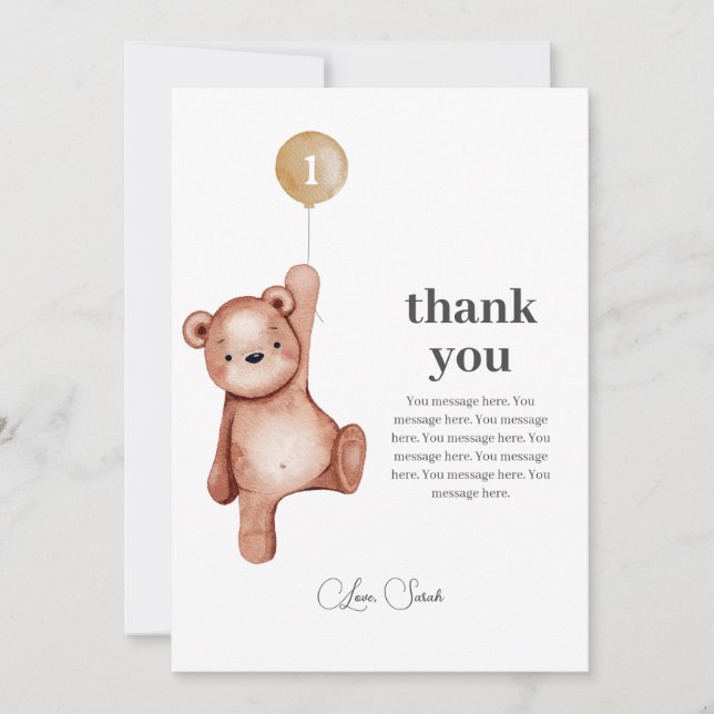 Tarjeta De Agradecimiento Teddy Bear First Birday Gracias Card (Anverso)