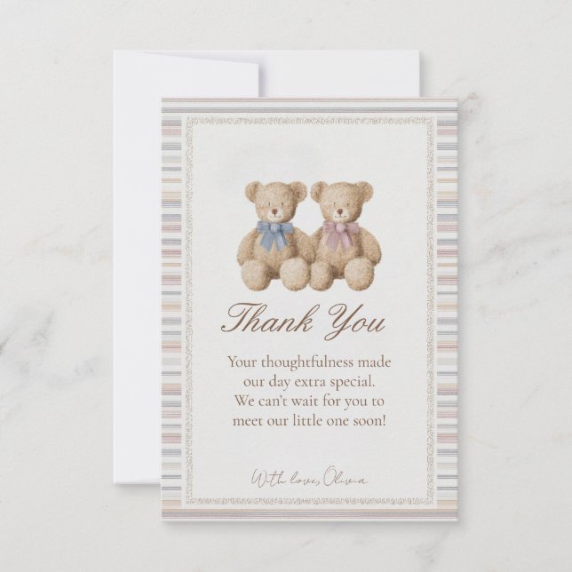 Tarjeta De Agradecimiento Teddy Bear Gender Reveal Thank You Card (Anverso)