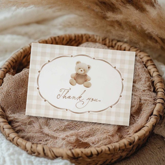 Tarjeta De Agradecimiento Teddy Bear Gingham Baby Shower Gracias (Bear Boy Baby Shower Thank you card)