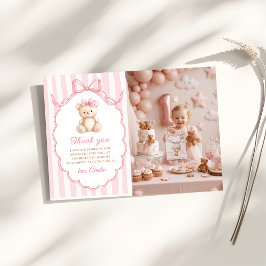 Tarjeta De Agradecimiento Teddy Bear Girls Pink Bow Stripes 1st Birthday
