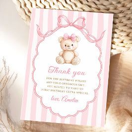 Tarjeta De Agradecimiento Teddy Bear Girls Pink Bow Stripes 1st Birthday