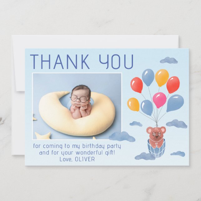 Tarjeta De Agradecimiento Teddy Bear Globos Niños Foto Cumpleaños (Anverso)