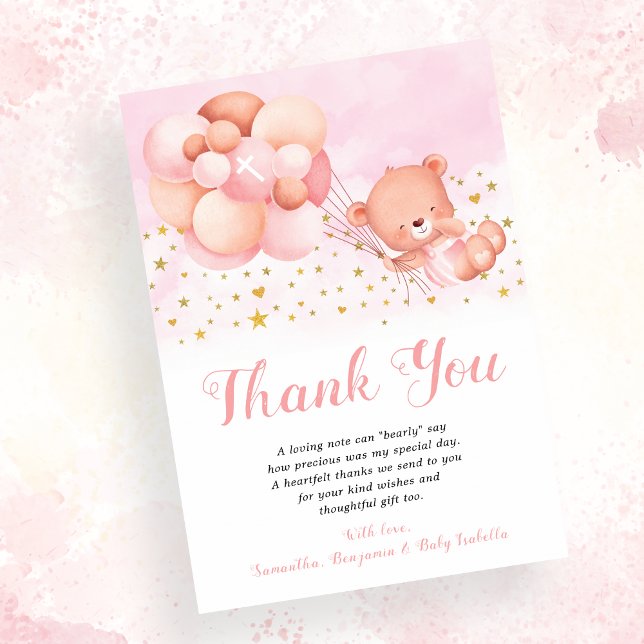Tarjeta De Agradecimiento Teddy Bear Globos rosados Gold Stars Bautismo (Subido por el creador)