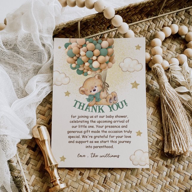 Tarjeta De Agradecimiento Teddy Bear Green Brown Baby Shower (Subido por el creador)