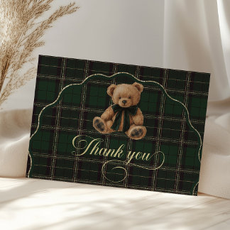 Tarjeta De Agradecimiento Teddy Bear Green Tartan Baby Shower 