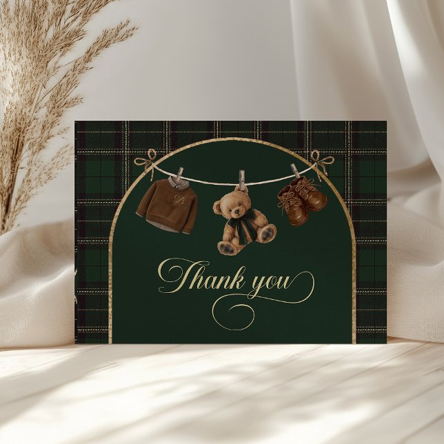 Tarjeta De Agradecimiento Teddy Bear Green Tartan Baby Shower  (teddy bear baby shower, green tartan baby shower, baby shower thank you card, baby shower printable,)