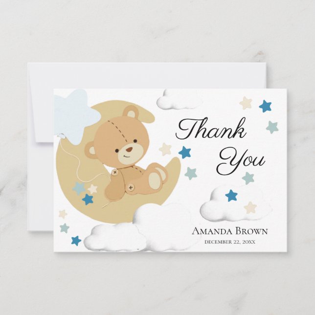 Tarjeta De Agradecimiento Teddy Bear Love Baby Boy Shower | (Anverso)