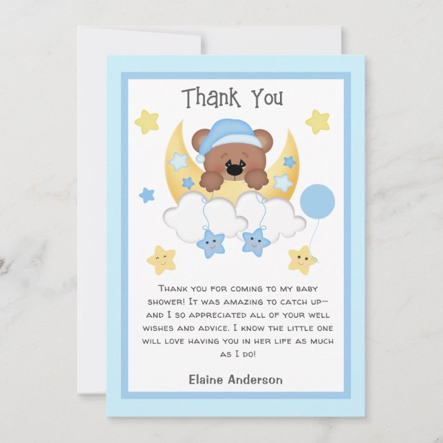 Tarjeta De Agradecimiento Teddy Bear Moon Stars Nubes Baby Boy Shower (Anverso)