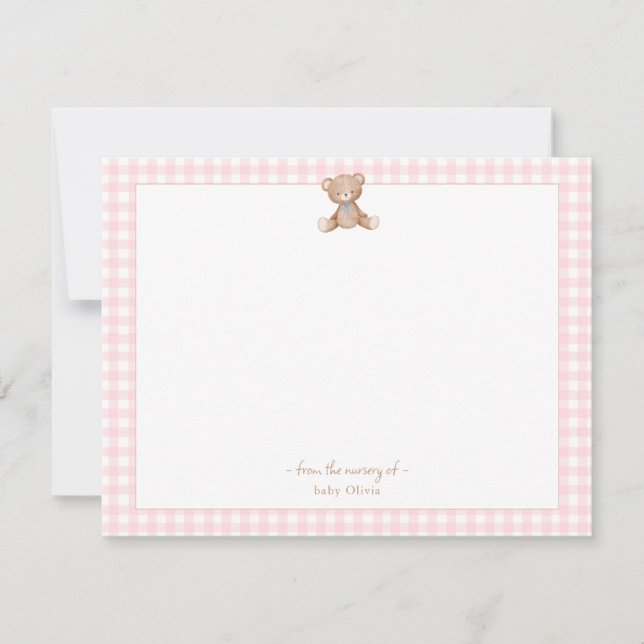Tarjeta De Agradecimiento Teddy Bear Niña rosa y blanca frontera de Gingham (Anverso)