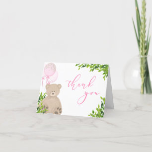 Tarjeta De Agradecimiento Teddy Bear Pink Balloon Greenery Girl Baby Shower