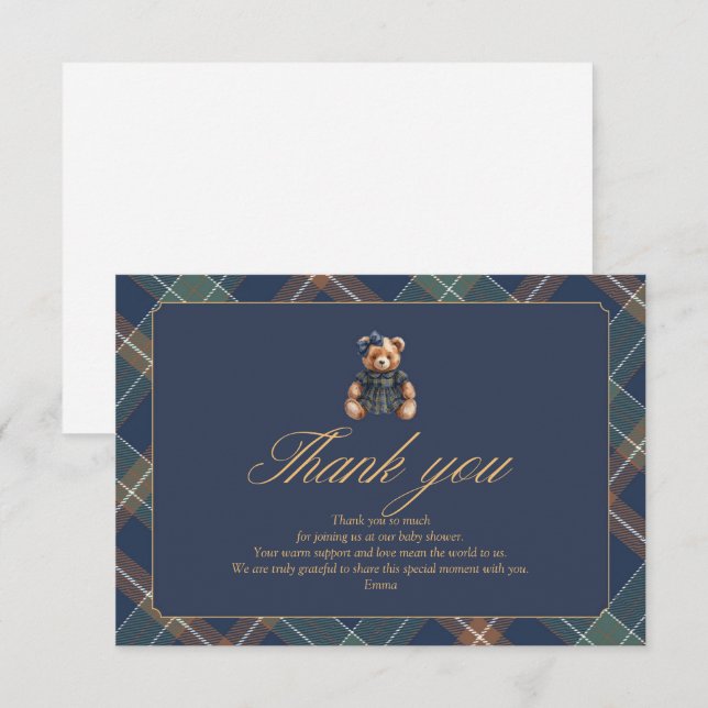 Tarjeta De Agradecimiento Teddy Bear Plaid Girl Baby Shower Thank You Card (Anverso / Reverso)