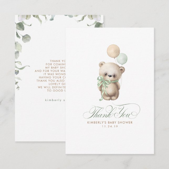 Tarjeta De Agradecimiento Teddy Bear Sage Greenerenery Baby Shower Gracias (Anverso / Reverso)