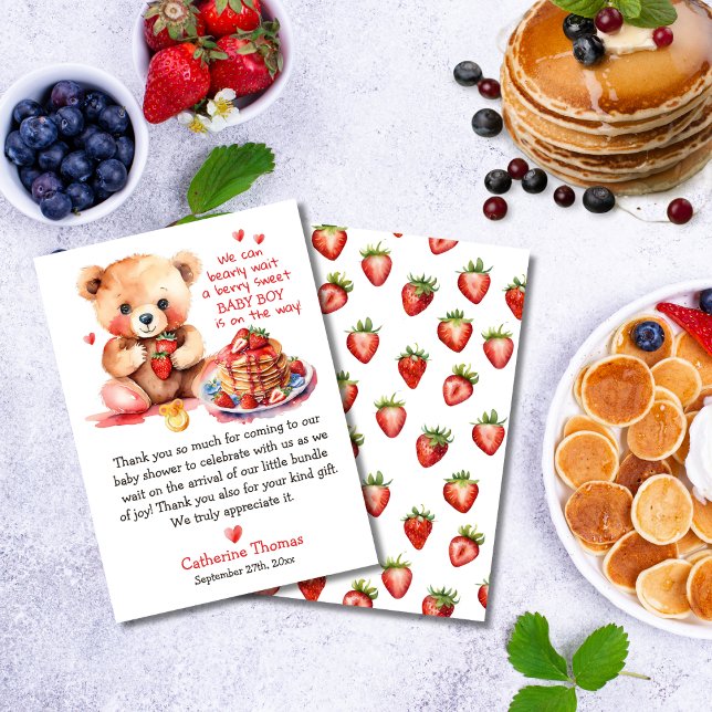 Tarjeta De Agradecimiento Teddy Bear Strawberry Pancake Brunch Baby Shower (Subido por el creador)