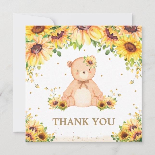 Tarjeta De Agradecimiento Teddy Bear Sunflower Floral Baby Shower Birthday T (Anverso)
