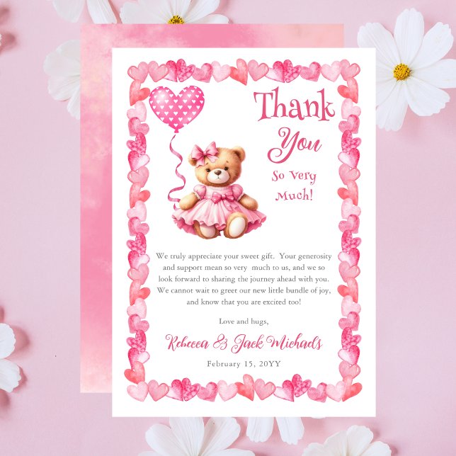 Tarjeta De Agradecimiento Teddy Bear Un Poco Querido Chica Baby Shower (Pink Hearts | Teddy Bear "A Little Sweetheart Is On The Way" Girl Baby Shower Thank You Card)