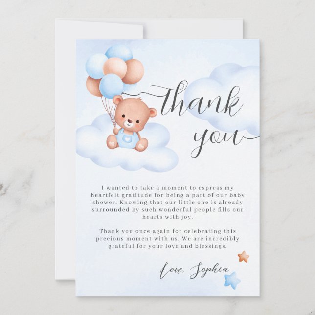 Tarjeta De Agradecimiento Teddy Bear Watercolor Boy Baby Shower (Anverso)