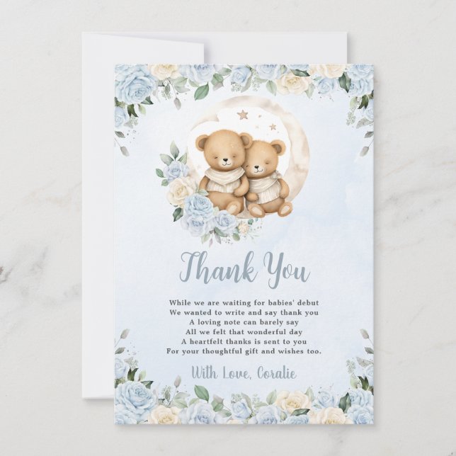 Tarjeta De Agradecimiento Teddy Bears Blue Floral Boy Baby Shower (Anverso)