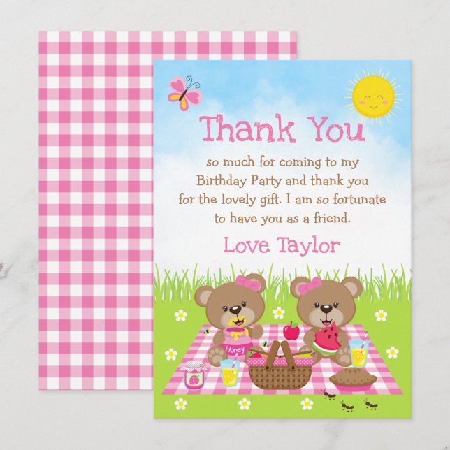 Tarjeta De Agradecimiento Teddy Bears Picnic Birthday Rosa Gingham (Anverso / Reverso)
