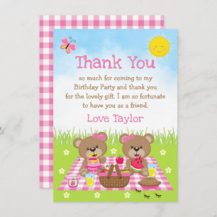 Tarjeta De Agradecimiento Teddy Bears Picnic Birthday Rosa Gingham