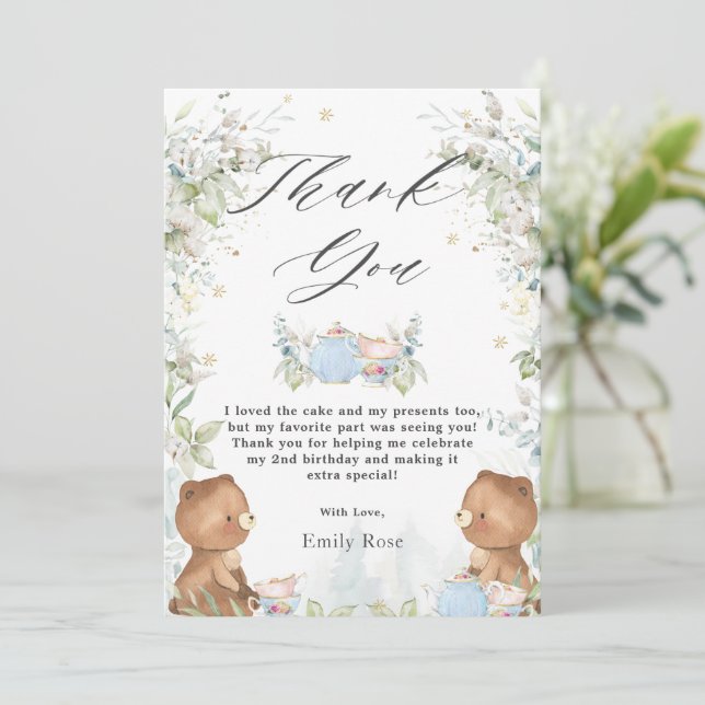 Tarjeta De Agradecimiento Teddy con té para dos Fiestas de segundo cumpleaño (Anverso de pie)