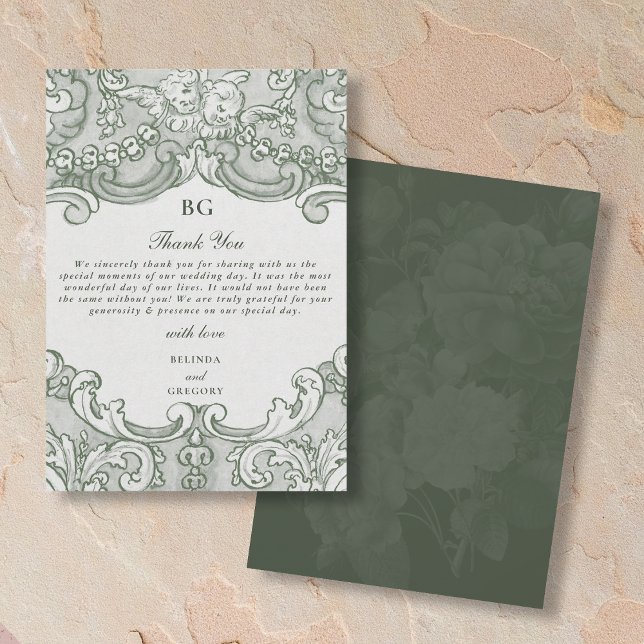 Tarjeta De Agradecimiento Tema Boda del Fiesta del Jardín Verde Botánico Vin (Vintage Botanical Green Garden Party Wedding Theme Thank You Card)